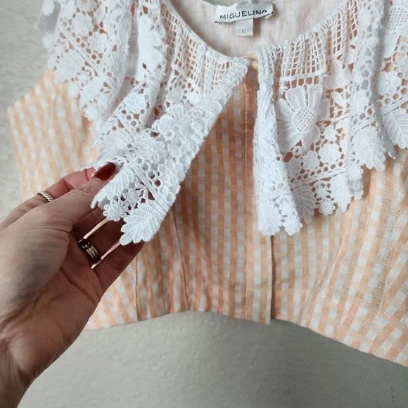 MIGUELINA Lace Gingham Crop Top Boho Coquette Cottagecore L - Picture 8 of 11